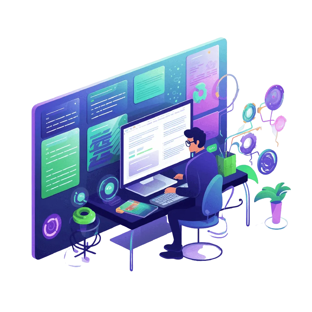 Illustration of people collaborating around software and operations